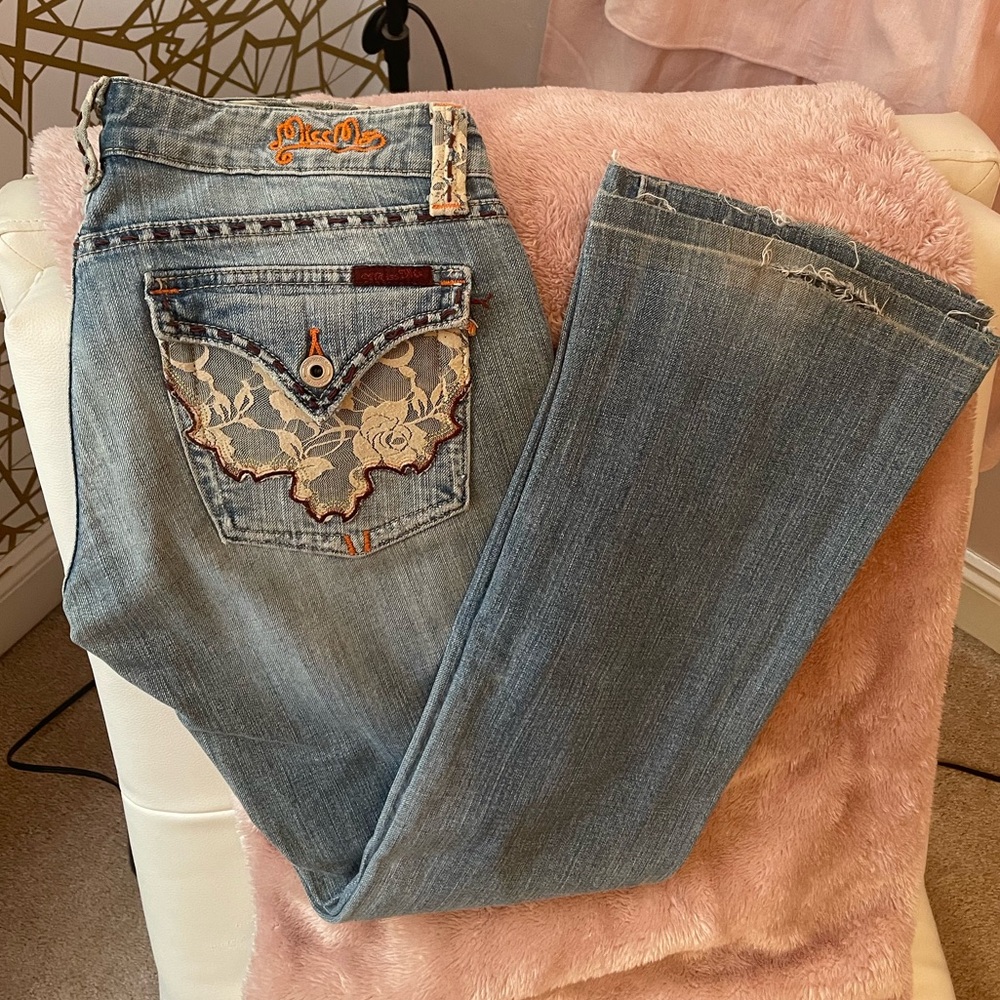 Miss Me Light Blue Flare Jeans with Lace Accents